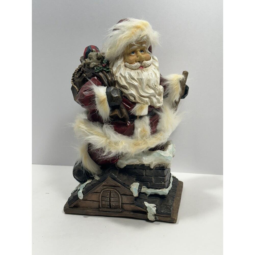 Vintage Wood Carved Art Santa Claus Entering Chimney With Sack Of Toys Figure